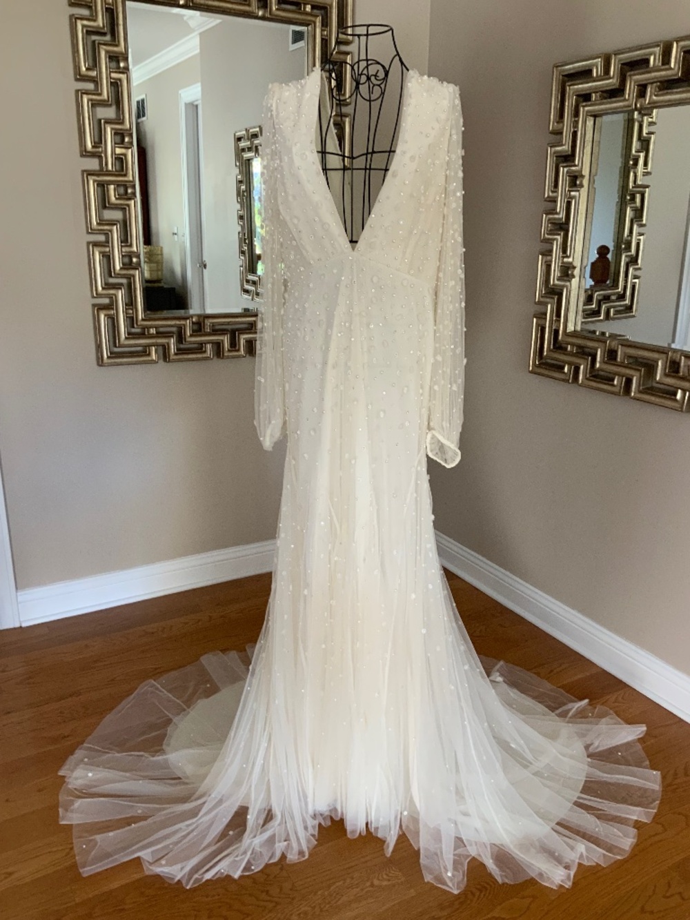 BHLDN Anthropologie Isla Beaded Pearl Long Sleeve Wedding Gown Size 14